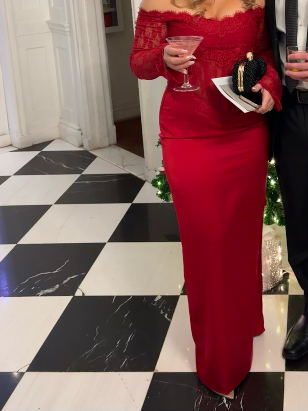 Classic Red Off-Shoulder Holiday Ornament Dress Decoration